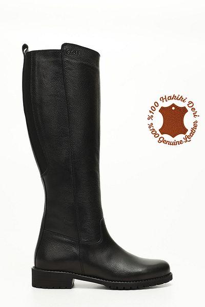 GÖNDERİ(R) Women/Girls Black Floater Zippered Rubber Sole Genuine Leather Boots