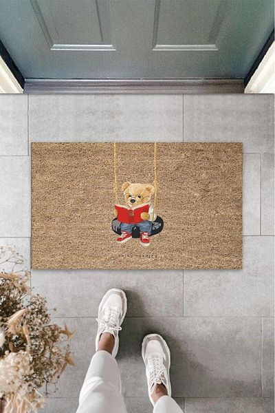 Lasirius Beige Door Mat Enjoy Reading Teddy Bear Pattern