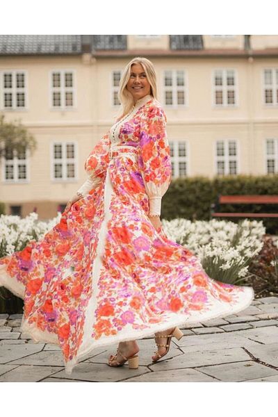 WellWay Rochie cămașă cu imprimeu floral cu detaliu din dantelă din țesătură Atlas (INCLUDE CREAȚĂ)-roșu-2410 Nhn999