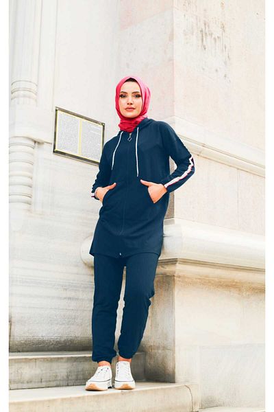 CNG MODA Plus Size Tomy Zippered Hooded Tracksuit Set Navy Blue