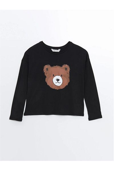 LC Waikiki Γυναικείο σετ πιτζάμες LCW Young Black Printed Crew Neck με στάμπα