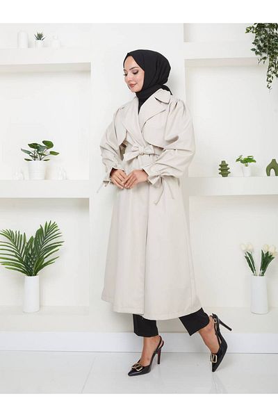 MY QILAM 10Numaramoda Women's Waist-Tied Balloon Sleeve Double-Breasted Collar Cotton Waterproof Long (120cm) Trench Coat