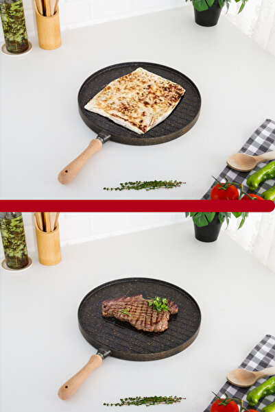 Evren Çift Taraflı Döküm Gözleme ve Izgara Tava, Gözleme Bazlama Lahmacun Et Balık Tavuk Tava 34 Cm