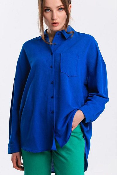 WellWay Bodrum Fabric (Linen) Oversize Women's Shirt - Blue Nhn133