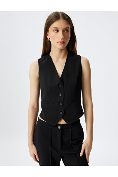 Koton Blazer Jacket με κουμπιά V-λαιμόκοψη Slim Fit Crepe Scuba ύφασμα