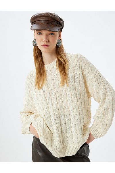 Koton Crew Neck Knitwear Hair Knitted Textured Oversize Sweater
