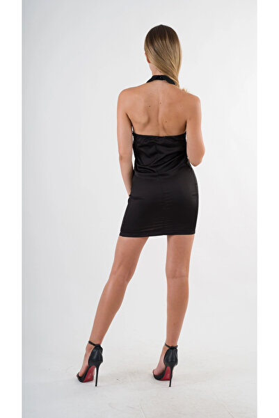 hazelin Black Satin Mini Dress - Halter Neck and Back Low Cut Hzl24S-Yy262