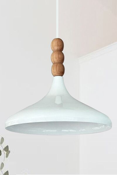 Bamyum Beyaz Iç Beyaz Champion Ahşap Boncuklu Tekli Avize Sarkıt Salon Mutfak Butik Lamba