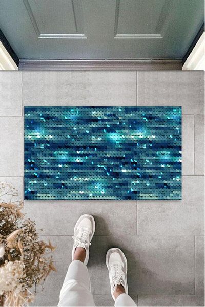Lasirius Decorative Digital Sequin Blue Door Mat Outdoor Doormat