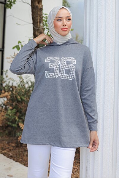 Bestenur Hooded Printed Hijab Tunic 1214 - Dark Gray