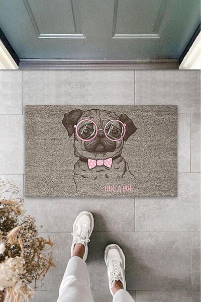 Lasirius Digital Printing Gray Hug a Pug Written Pink Bow Dog Decorative Door Mat with Glasses
