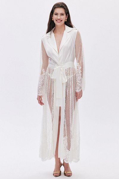 Feu De Elu Ecru Satin Dressing Gown - LongKimonowithCallaLily Pattern and Lace Detail