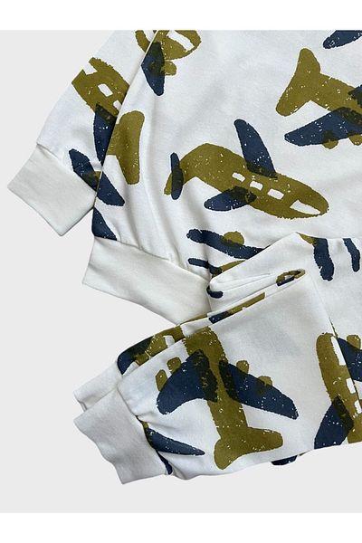 Fil Kids Boy's Cotton White Green Airplane Patterned Long Sleeve Seasonal Pajamas Set