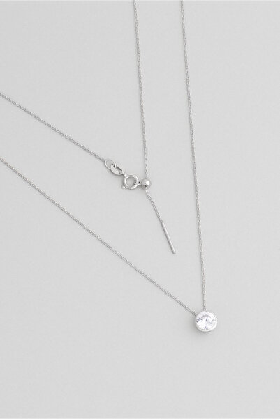 So CHIC... Yuvarlak Kesim 18 Ayar Beyaz Altın Kaplama 45 Cm Gümüş Tek Taş Kolye