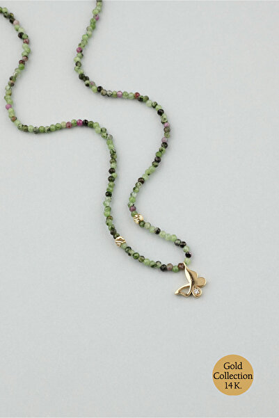 So CHIC... Kelebek Figürlü Turmalin Taşlı 14 Ayar Altın Kolye