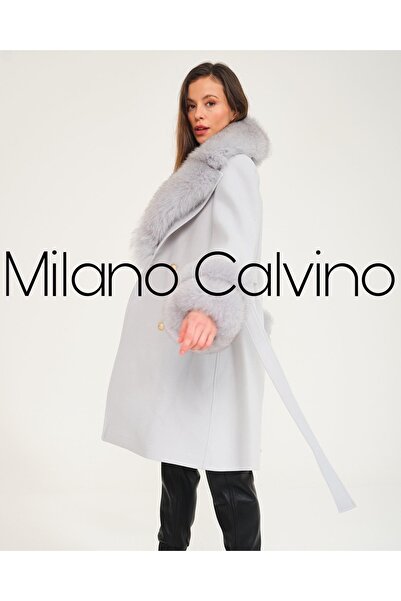 Milano Calvino Kürklü Kaşmir Palto Mavi