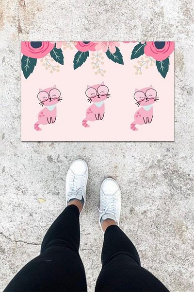 GLOBELUX Light Pink Digital Printed Three Cat Patterned Hooded Mat - K-1026
