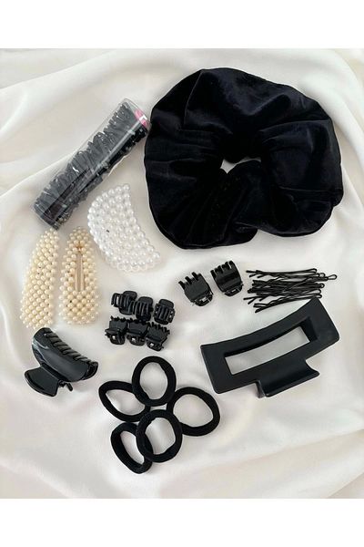 Eylülün Takısı Women's Black Color and Pearl 10 Types Latch-Rubber-Snap-Wire Buckle Set