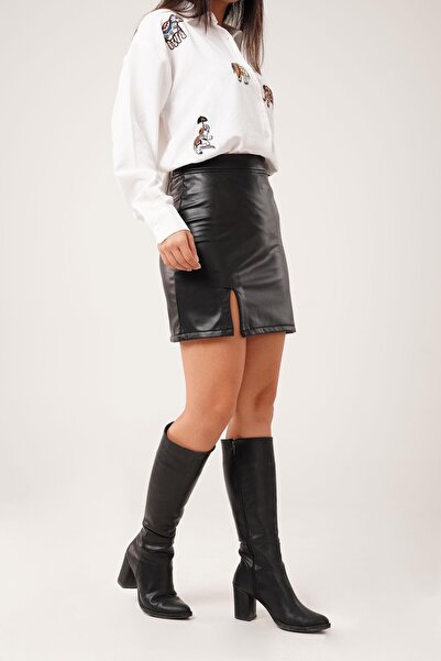 Hipo Trend Kısa Yırtmaçlı Siyah Deri Etek