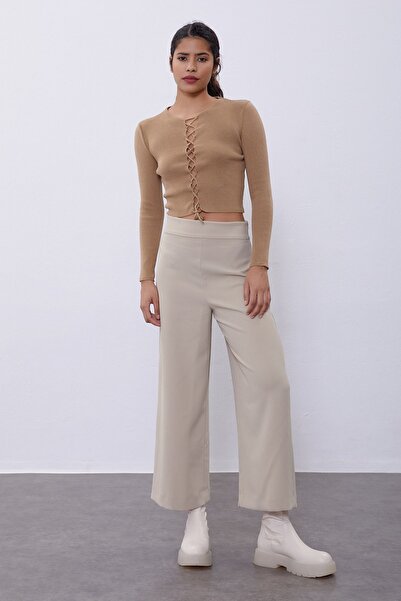 SHERIN Dark Beige Brit Detailed Long Sleeve Knitwear Sweater