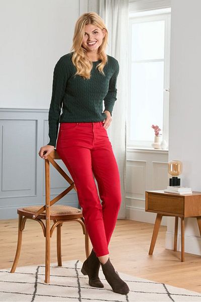 Tchibo Women Regular Fit Plain 4 Pockets Twill Trouser, Red
