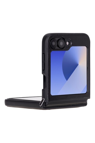 PLM Samsung Galaxy Z Flip6 Uyumlu Deri Arka Kapak Parlak Siyah