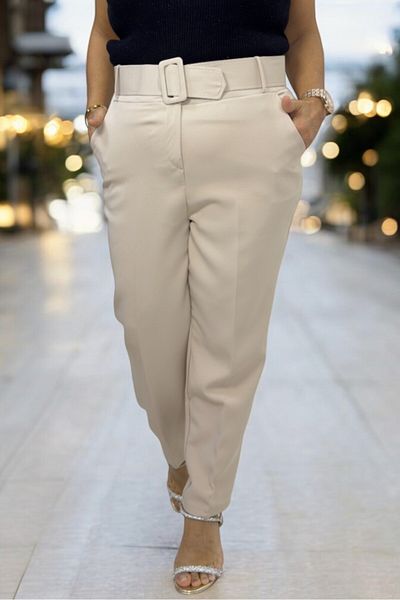 yagmurberen Thick Belted Buckle Crepe Fabric Large Size Pencil Pants