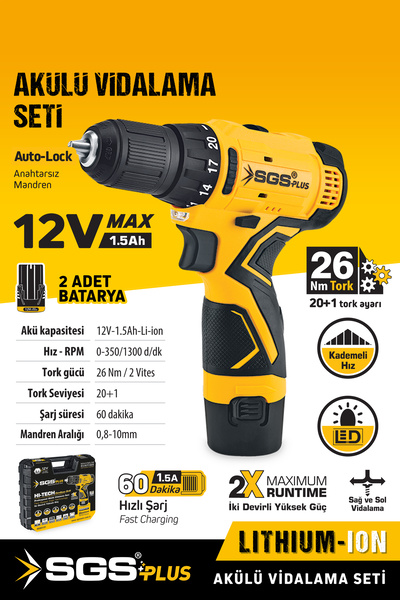 SGS PLUS SGS5131 12 Volt 1.5 Amper 2 Akülü Şarjlı Vidalama Matkap Seti