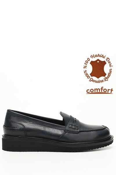 GÖNDERİ(R) Damen-Loafer-Schuhe aus echtem Leder in Marineblau mit antiker Keilsohle