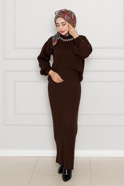 Sevitli Brown Cropped Pearl Detailed Knitwear Dress