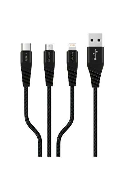 Polosmart PBS412 Type-C Micro USB Lightning Çıkışlı 3 in 1 Şarj Kablosu 1.2 Metre Siyah