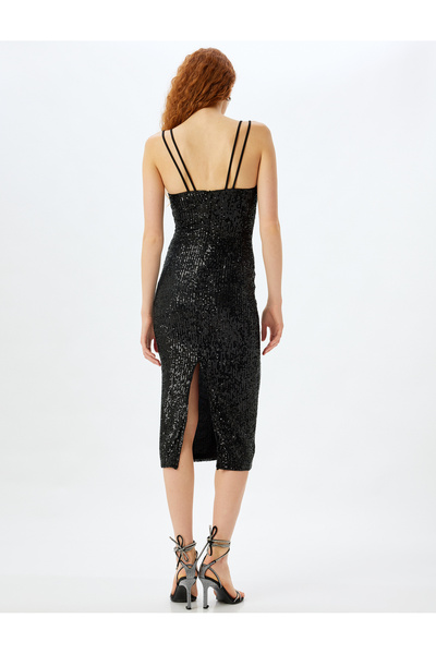 Koton Βραδινό φόρεμα με παγιέτες μίντι με διπλό λουράκι με σχισμή Sweetheart λαιμόκοψη Slim Fit