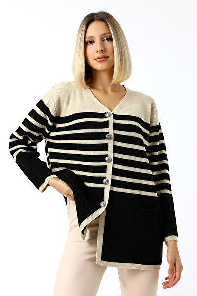 Devinka سترة نسائية محبوكة موسمية مخططة بأزرار مع جيوب