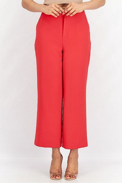 Tchibo Women Regular Fit Solid Wide Leg Woven Pants, Red