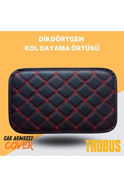 TROBUS Siyah Suni Deri Kırmızı Dikişli Dikdörtgen Kol Dayama Örtüsü
