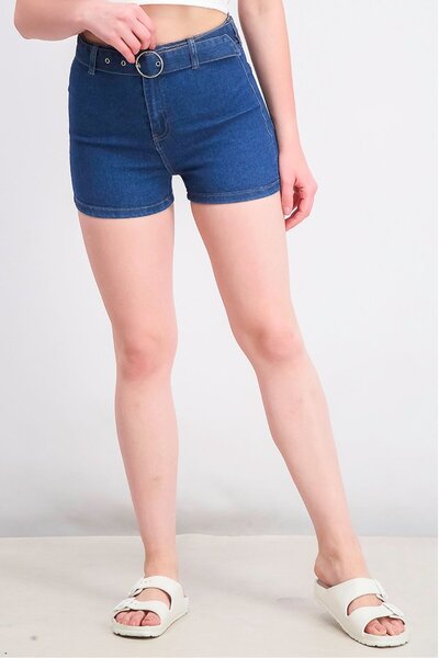 Don't Call Me Jennyfer شورت جينز نسائي سادة بحزام، أزرق