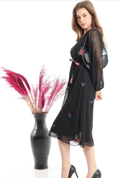 NY MODA Rochie de damă, neagră, cu imprimeu floral, brodat, cu curea din șifon, lungime midi, cu design elegant