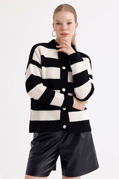 MD trend Women's Stand Collar Gold Buttoned Striped Knitwear Cardigan