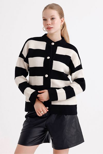 MD trend Women's Stand Collar Gold Buttoned Striped Knitwear Cardigan