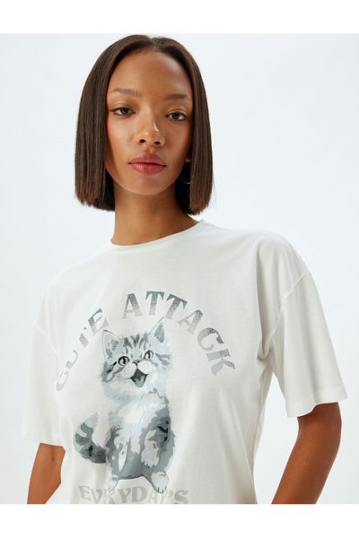 Koton Cat Printed Oversize Cotton T-Shirt - Crew Neck, Short Sleeve