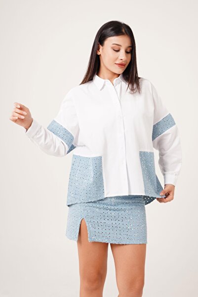 Hipo Trend Premium Denim and Sequin Detailed White Shirt