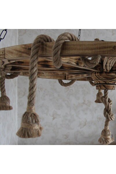 Otantik Çarşı Otantik Çarşı Ahşap Halatlı Teker Avize 100 cm. 6'lı Serbest Sarkıtlı
