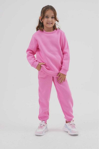 DEVRİMAY TEKSTİL Girl's Winter Tracksuit Set - 3 Thread Pink Raised