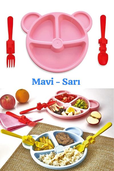 Vi Caro Blue Compartment Serving Food Food, Yellow Fork Spoon Set and Hard Plastic Material