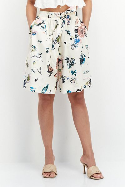 Selected Femme Women Regular Fit Allover Printed Drawstring Shorts, Beige Combo