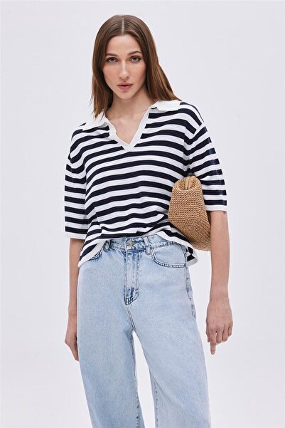 SHERIN Екрю синьо-чорний поло з коміром