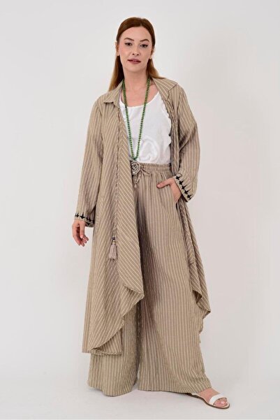 Bohem Stil Ленен комплект на райета с бродерия „Маслиново дърво“ на гърба