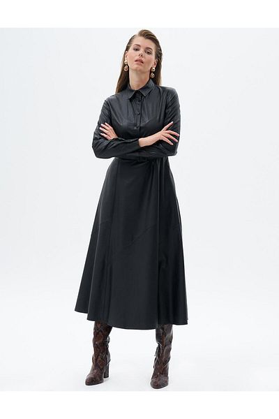 Kayra Rochie neagra din imitatie de piele - Detaliu cusaturi