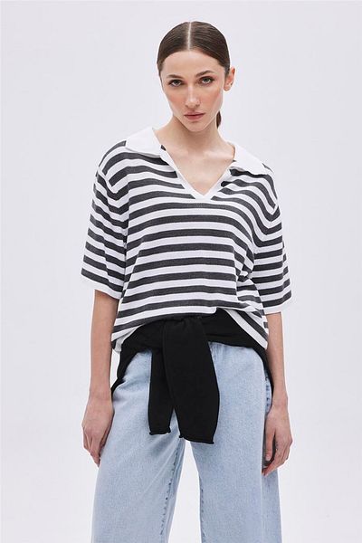 SHERIN Pulover cu dungi gri deschis cu guler polo ecru