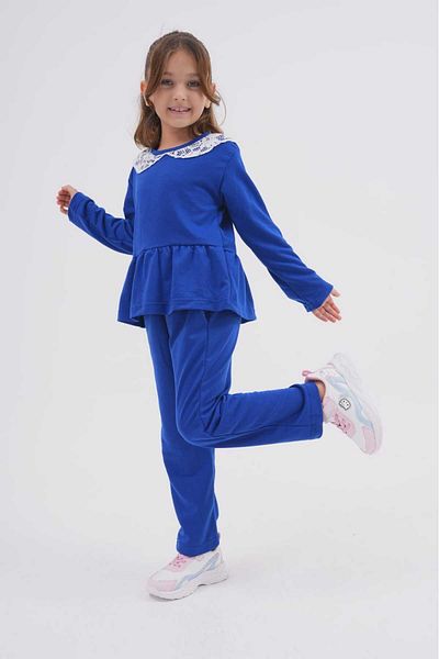 DEVRİMAY TEKSTİL 2-Piece Lace Detailed Tracksuit Set for Girl - Medium Thick Saks 2 Thread